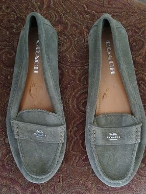 Coach Odette Olive Green Suede Loafers.